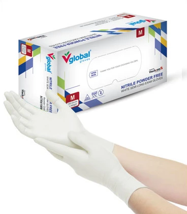 Găng tay kiểm tra Nitrile không bột cổ bán dài Vglobal (Trắng N3.8)
