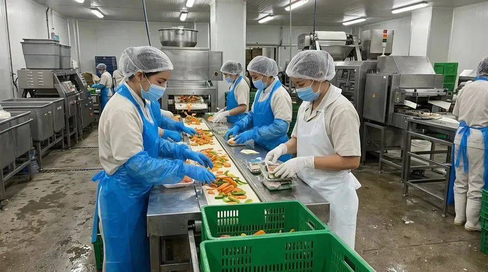 Công nhân chế biến thực phẩm đeo găng tay, khẩu trang và mũ trùm đầu trên dây chuyền sản xuất