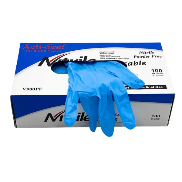 Hộp găng tay nitrile không bột 100 chiếc với thông tin nhà sản xuất và tiêu chuẩn in trên bao bì