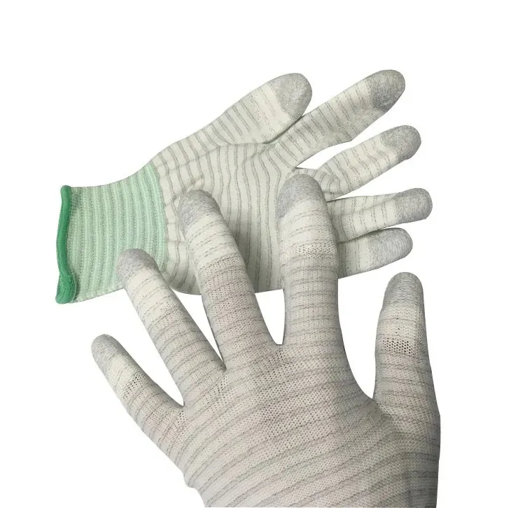 Đôi găng tay chống tĩnh điện phủ PU đầu ngón bằng sợi carbon sọc mảnh, cổ tay bo chun xanh