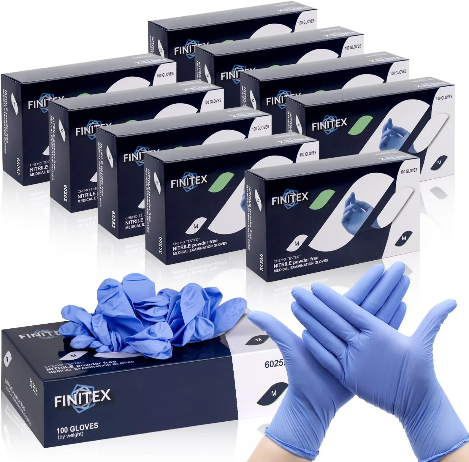 Nhiều hộp găng tay nitrile y tế 100 chiếc xếp chồng và đôi tay đeo găng nitrile xanh