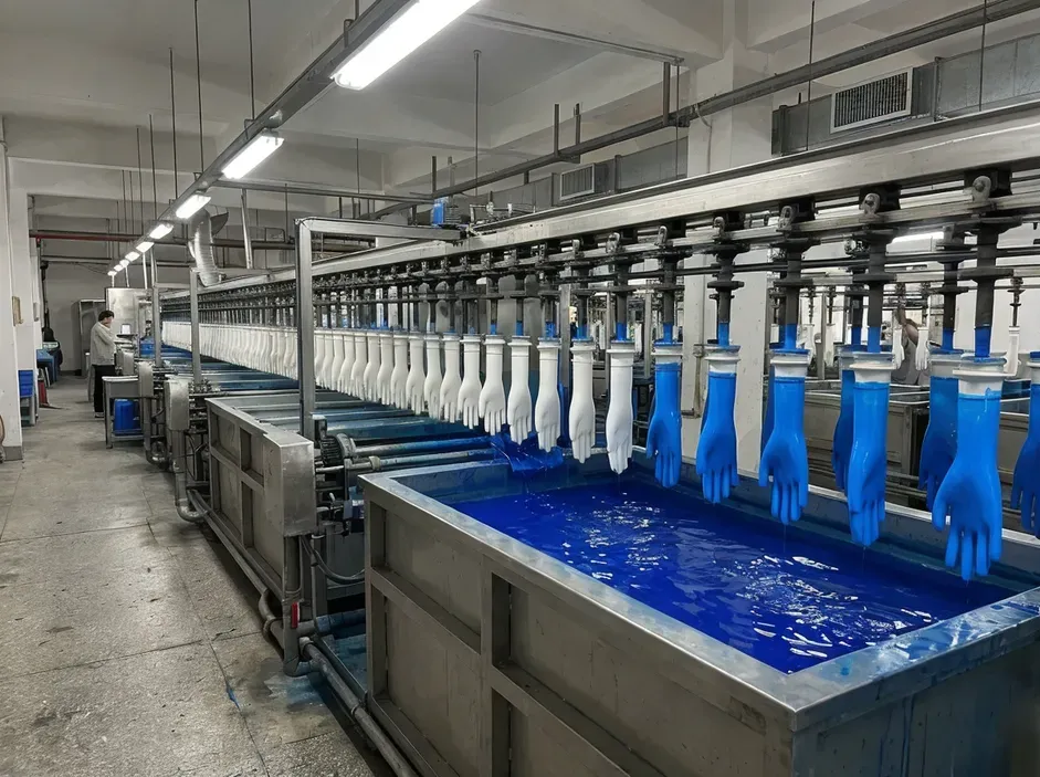 Dây chuyền nhúng găng tay dài trong nhà máy với các khuôn tay trắng đang nhúng vào bể nitrile xanh
