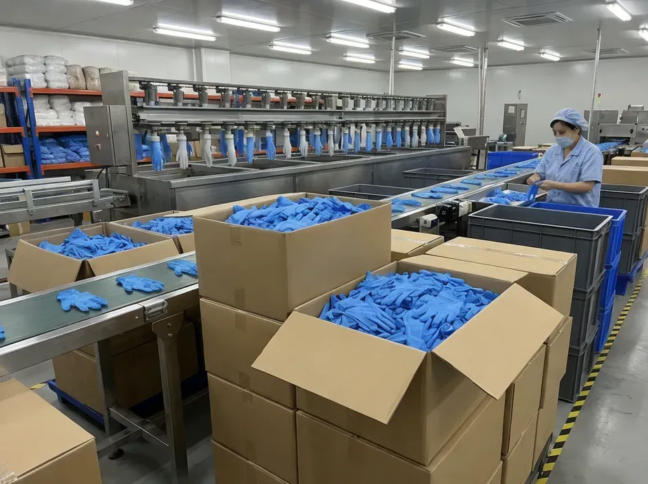 Khu đóng gói trong nhà máy với các thùng carton chứa đầy găng tay nitrile xanh và công nhân đang kiểm tra găng