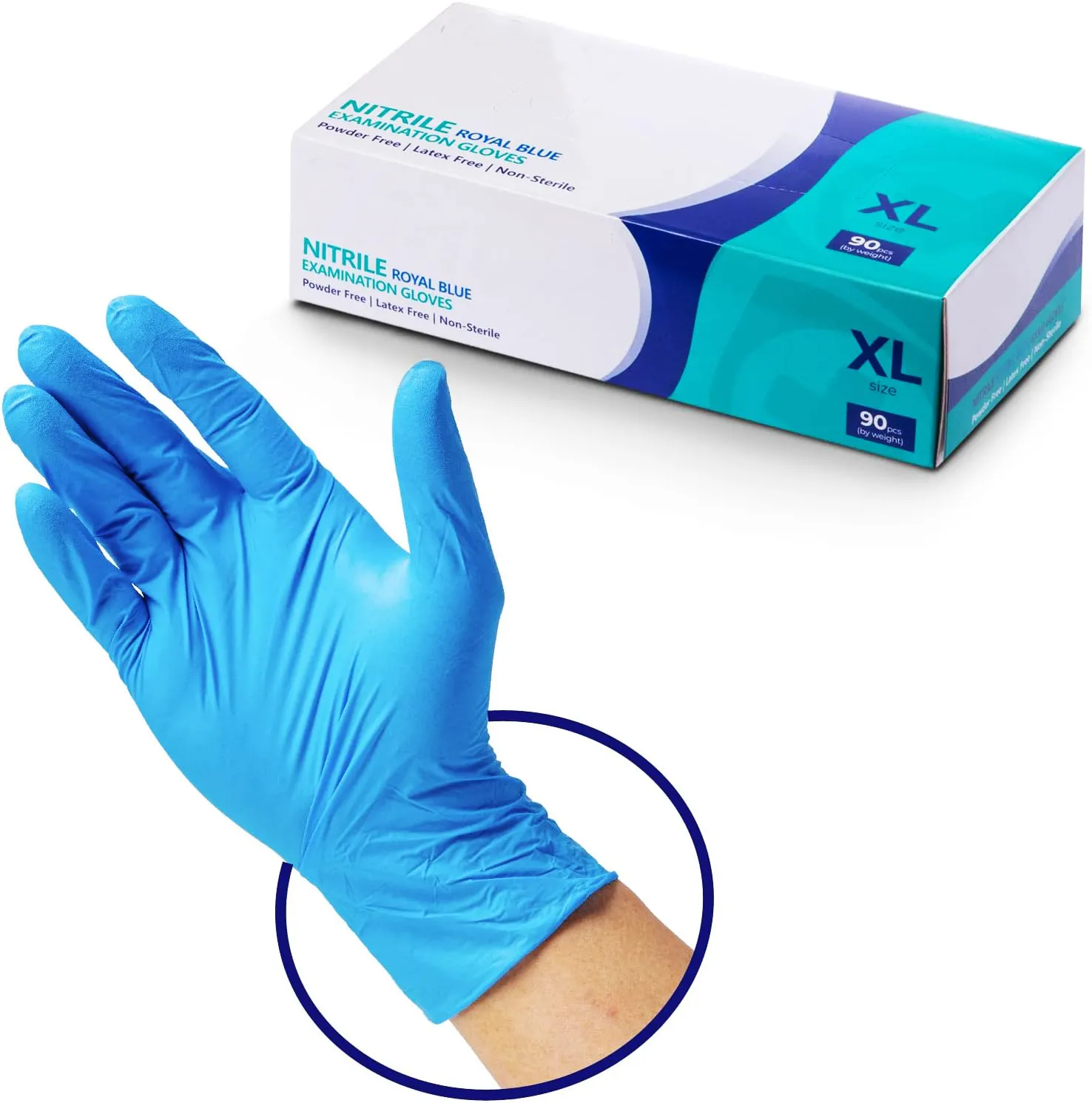 Hộp găng tay nitrile không bột màu xanh và một chiếc găng nitrile đeo trên tay