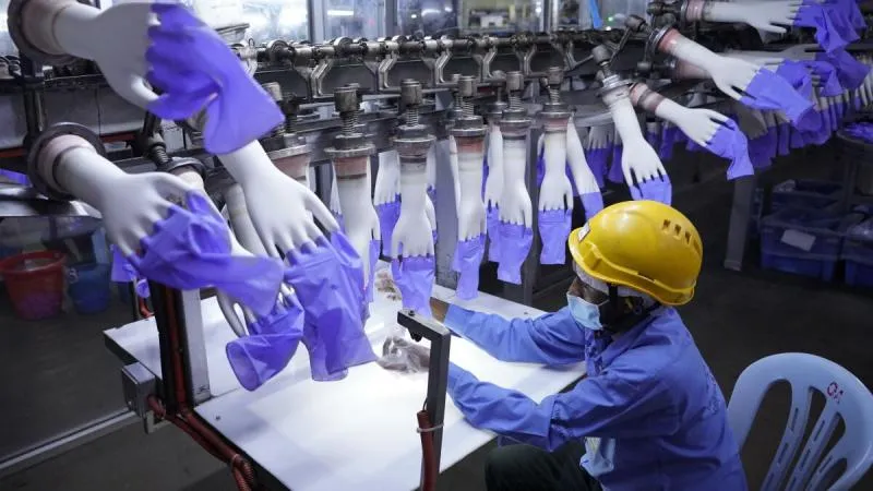 Dây chuyền sản xuất găng tay tại nhà máy ở Malaysia với khuôn tay và găng thành phẩm