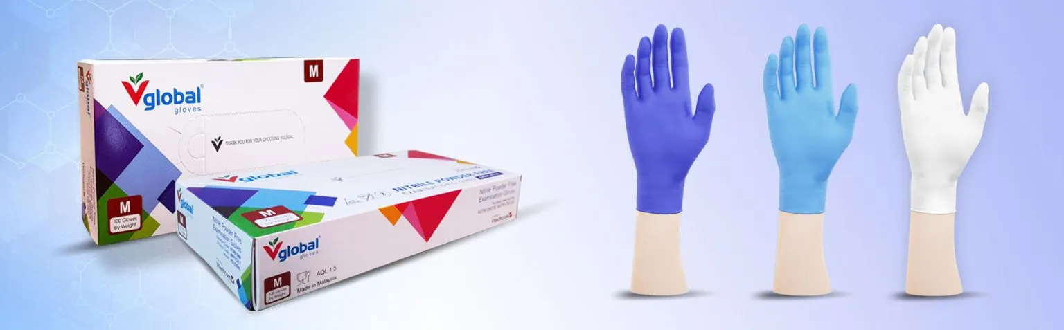 Hộp găng tay Vglobal N2.7 và găng nitrile các màu xanh đậm, xanh biển, trắng