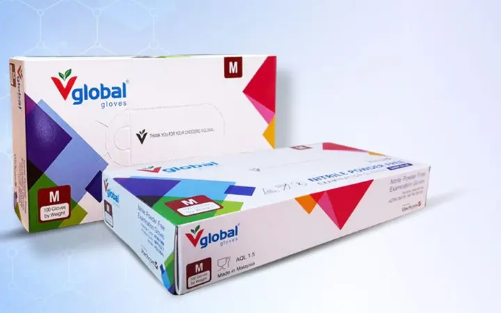 Hộp găng tay Vglobal N2.7 và găng nitrile các màu xanh đậm, xanh biển, trắng